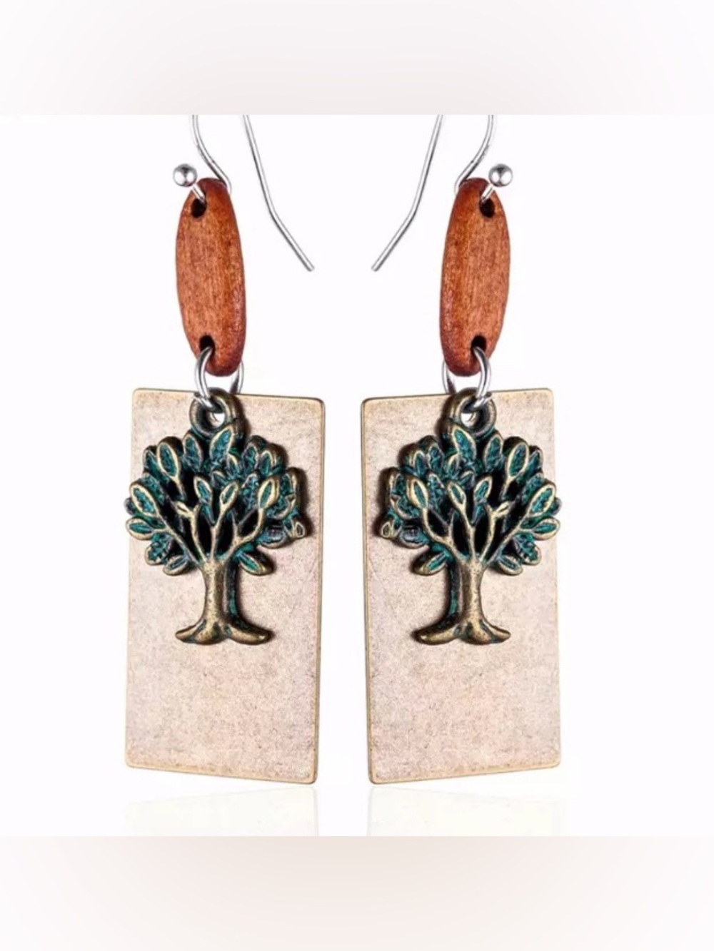 Tree of Life Wood & Metal Dangle Earrings - Green & Brown